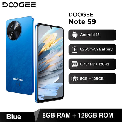 DOOGEE Note 59 5G SmartphoneAndroid 15 NFC Cellphone 6.75" Screen 32GB (8+24) 128GB Unisoc T820  6250mAh Battery Mobile Phone