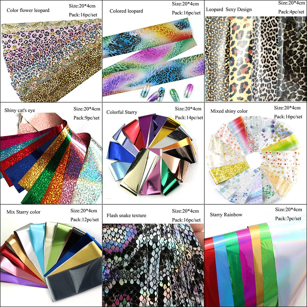 16Pc Holographic Nail Foil Set Starry Transfer 20*4cm Sticker Laser Flowers Leopard Mix Design Decal DIY Nail Art Decoration