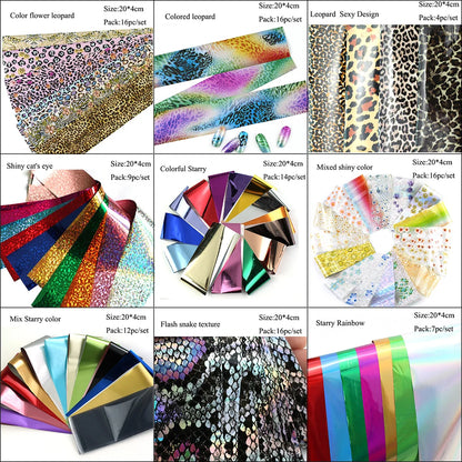 16Pc Holographic Nail Foil Set Starry Transfer 20*4cm Sticker Laser Flowers Leopard Mix Design Decal DIY Nail Art Decoration