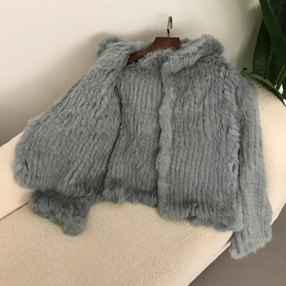 2024 Short Rabbit Fur Coat for Women Autumn Winter New Encrypted Thickened Handmade Double-sided Woven Hooded Korean Style