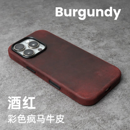 YMW Scratc Crazy Horse Genuine Leather Case for iPhone 17 16 15 Pro Max Magnetic PULL-UP Cowhide Phone Cover