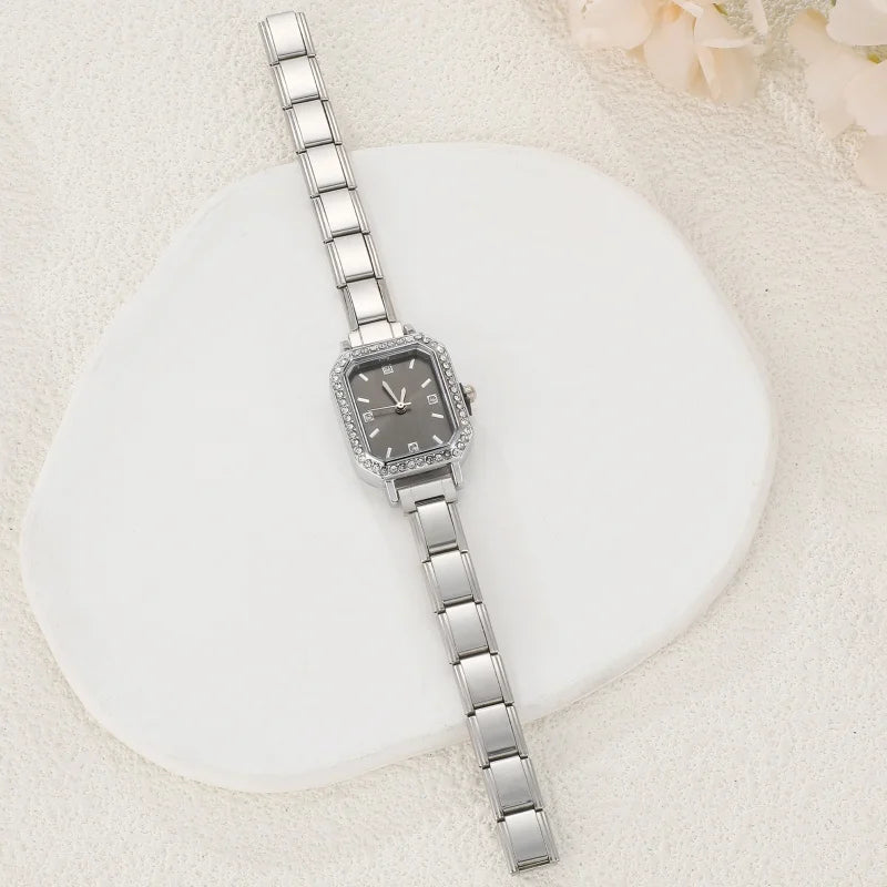 Fashion High Quality Men Women's Stainless Steel Square Round Shiny Zircon Watch Bracelet For Friend Birthday DIY Jewelry Gift