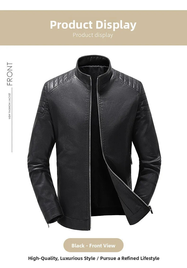 Spring Autumn Men's Biker Style Thin Top Layer Leather Jacket Motorcycle Outerwear Lightweight Korean Version Zipper Closure