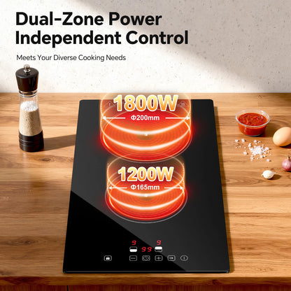2-Zone Ceramic Hob, 3000W with Child Lock, 9 Heat Levels, 1-99min Timer, Black (CE Certified)