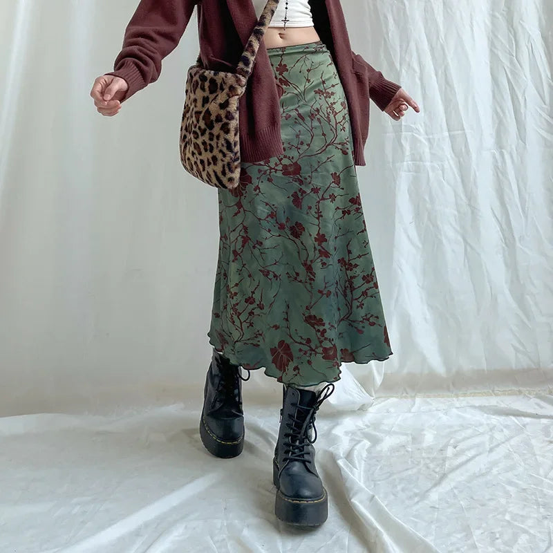 Harajuku Floral Print Long Skirt Vintage Low Rise Straight Midi Skirts for Women Autumn Basic All-match Skirts Ladies Y2k