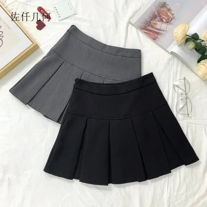 2025 New Black and Grey Pleated Skirt Women High Waist Mini Vintage Solid Skirts Korean Fashion School Uniform Streetwear