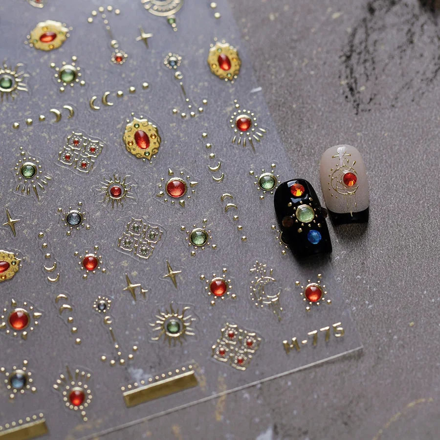 Bohemian Pattern Colorful Love Heart Moon Pearl Crystal Rhinestone 5D Nail Art Sticker Self Adhesive Decoration Manicure Decal
