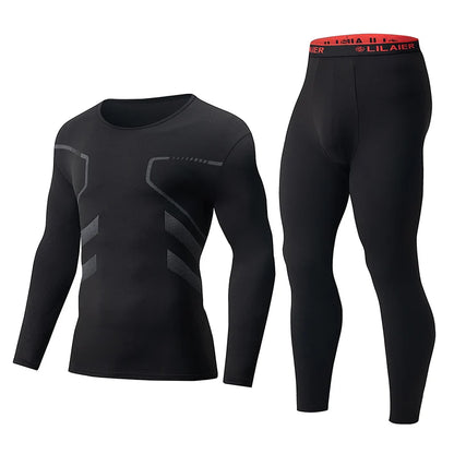 2-piece Men's Autumn And Winter Solid Color Round Neck Fashionable Printed Sports Thermal Underwear Set Simple And Comfortable
