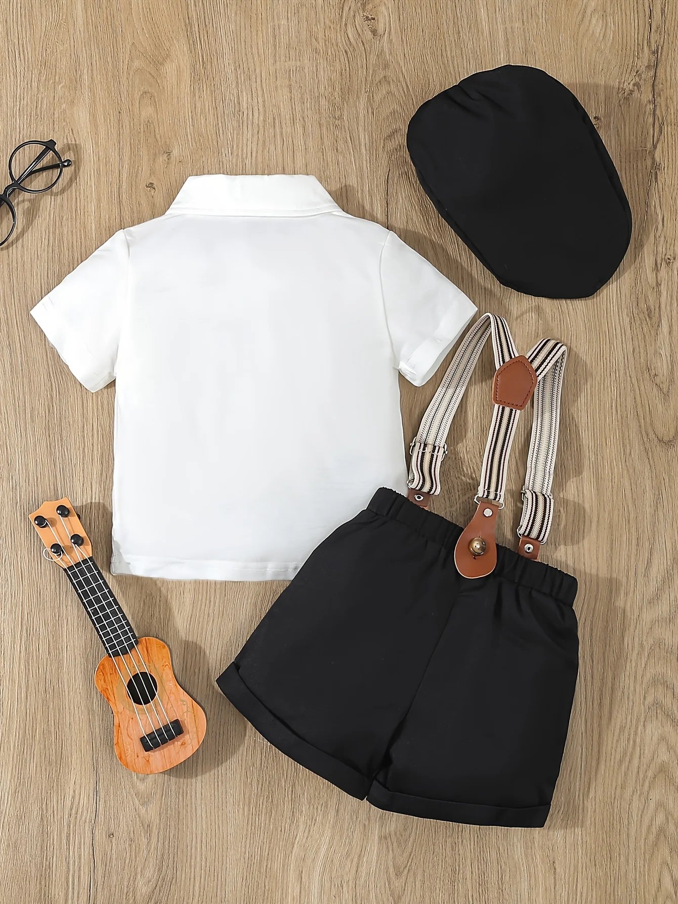 3-Piece Summer Thin Gentleman Dress Suit for Infants and Boys, Short-Sleeved Shirt with Bow + Casual Suspender Shorts + Gentleman Hat, Suitable for Birthday Parties, Party, Performance, Weddings, Full Moon, Washing Ceremony,