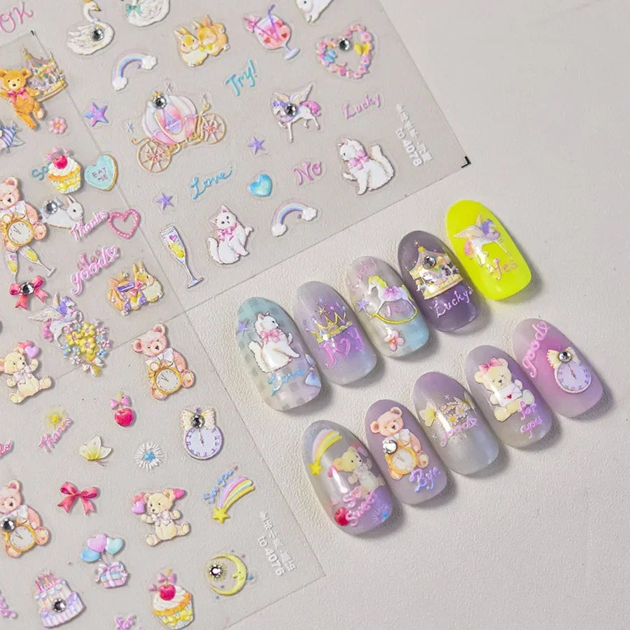 Lovely Animal Graffiti Cat Claw Rabbit Bunny Bear Dog Flower Fruit Dim Sum Candy Sunflower Adhesive 5D Nail Art Stickers Decal