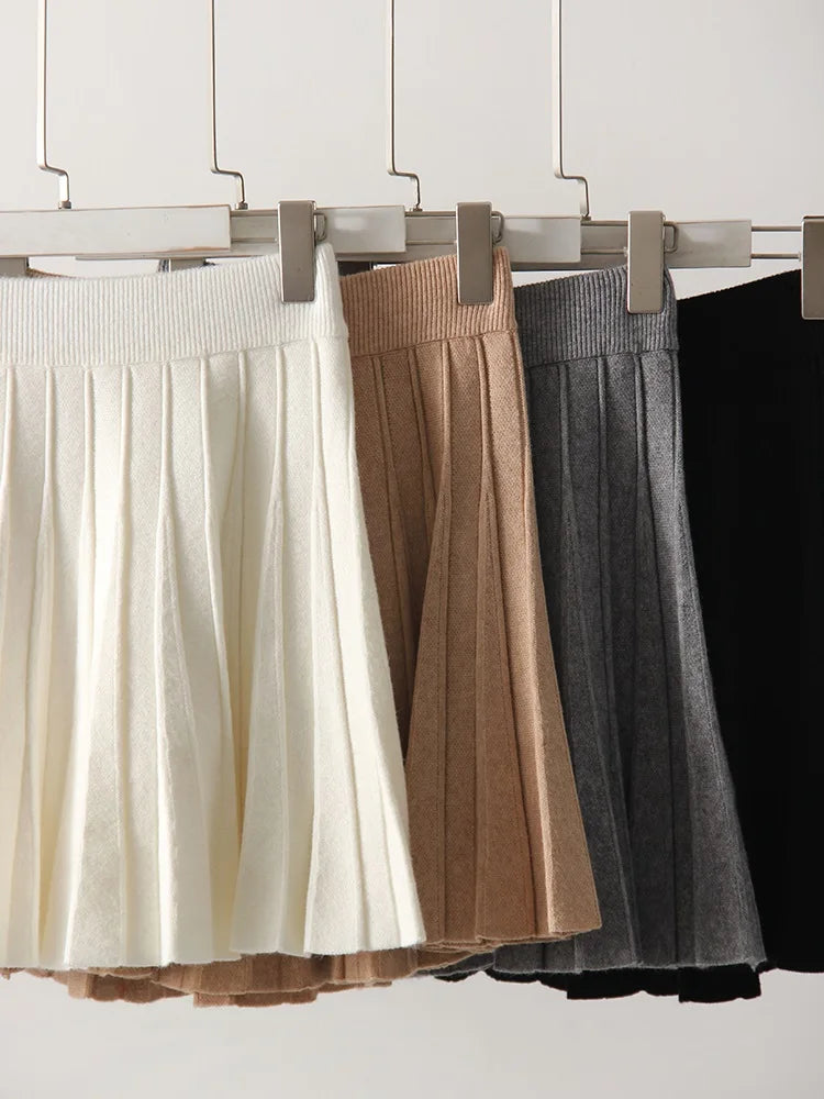 Autumn Knit White Mini Pleated Skirts For Women A Line Skirt Gray High Waist Women Knitted Pleated Short Skirts Korean Fashion