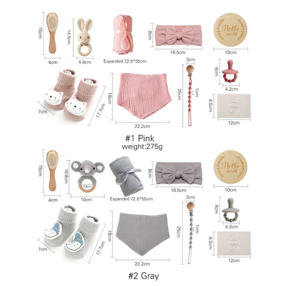 Newborn Bath Set Baby Towel Cotton Blanket Pacifier Chain Bracelet Crochet Rattle Toy Newborn Birth Bath Towel Gift Box