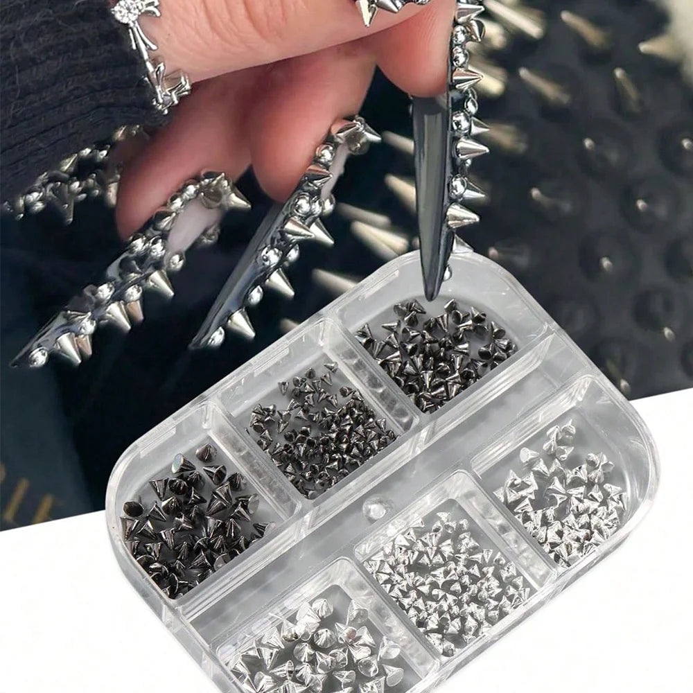 6Grids 3D Mini Punk Metal Rivet Nail Art Charms 1.5/2/3mm Gold Silver Cone Spike Studs Nails Jewels DIY Manicure Decorations ZB