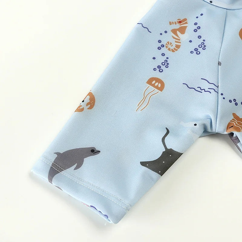 Baby Toddler One-piece Swimsuit With Hat Cartoon Print Kids Short Sleeve Zipper Swimwear Sun Protection For 0-7Y Boys Girls