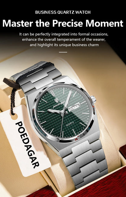 POEDAGAR Luxury Original Man Watch Waterproof Stainless Steel Luminous Men's Wristwatch Date Week Quartz Fashion Watches For Men