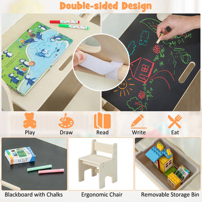 6-in-1 Children's Wooden Tent with Children's Table & Chair, Children's Play House with Mat, Blackboard, Storage Box, Chalk Box