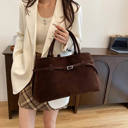 Vintage Satin-Leather Tote Bag – Casual Style with Buckle Closure, Large Capacity for Commuting & Everyday Shoulder Carry