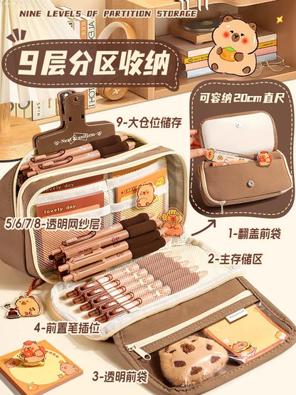 Kawaii Large Capacity Pencil Cases For School Bag Pouch Box 3 Compartments Supply Supplies Girl Boy Kit Cute Stationery Zippers