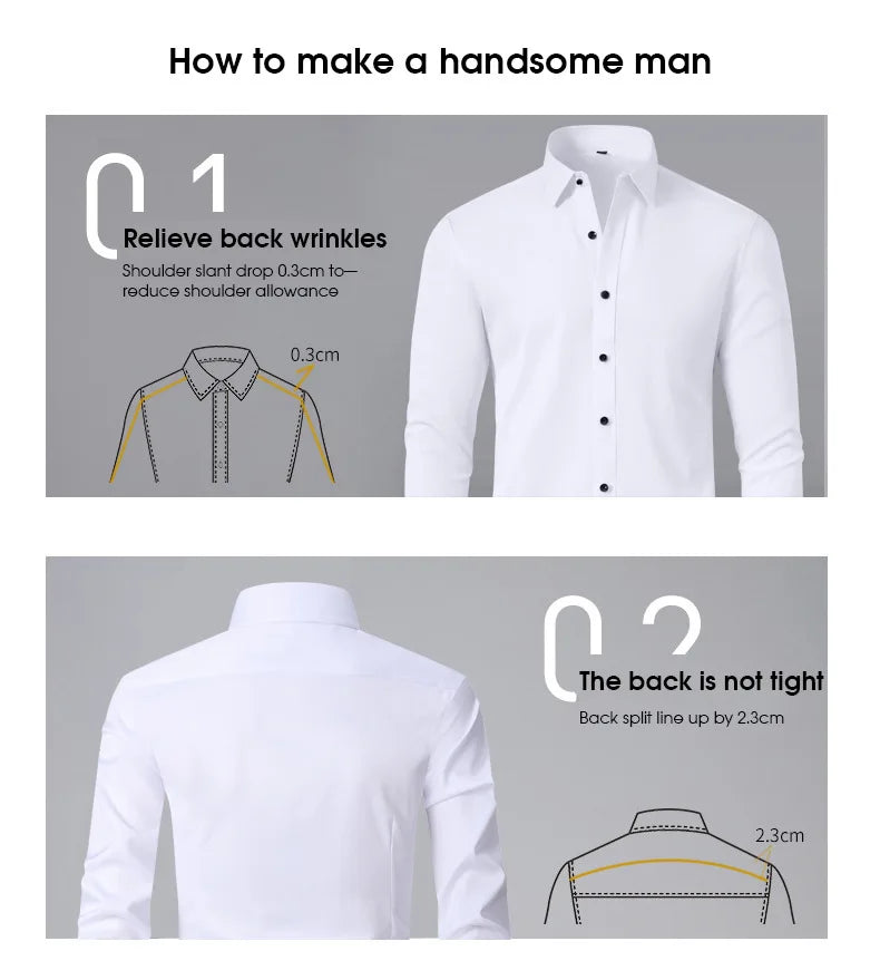 Men's long-sleeved shirt made of elastic fabric, wash-and-wear wrinkle-resistant business casual, silky smooth, pure color shirt
