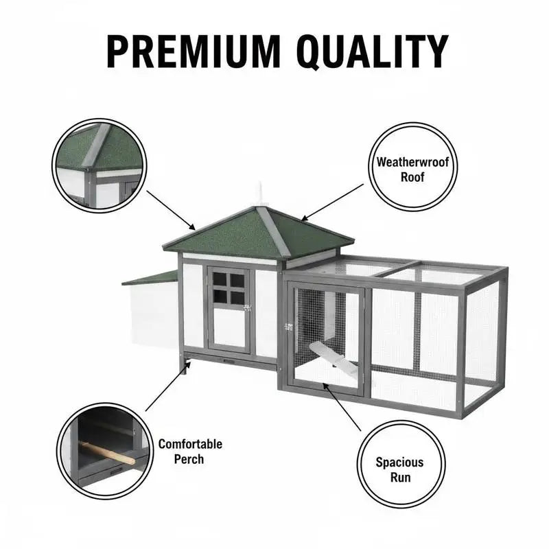 Pollino for Bantam Chickens, 196 X 76 X 97 Cm, Weather-Resistant, with Nesting Box, Run and Resting Bar; Wooden Hut for Small Animals for 1-2 Chickens, Gray