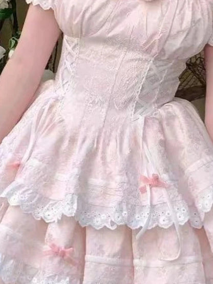 Kawaii Lovely Bow Lace Dress Women French Sweet Puff Sleeve Slim Cake Dresses Female Pretty Fairy Princess Dress Summer New