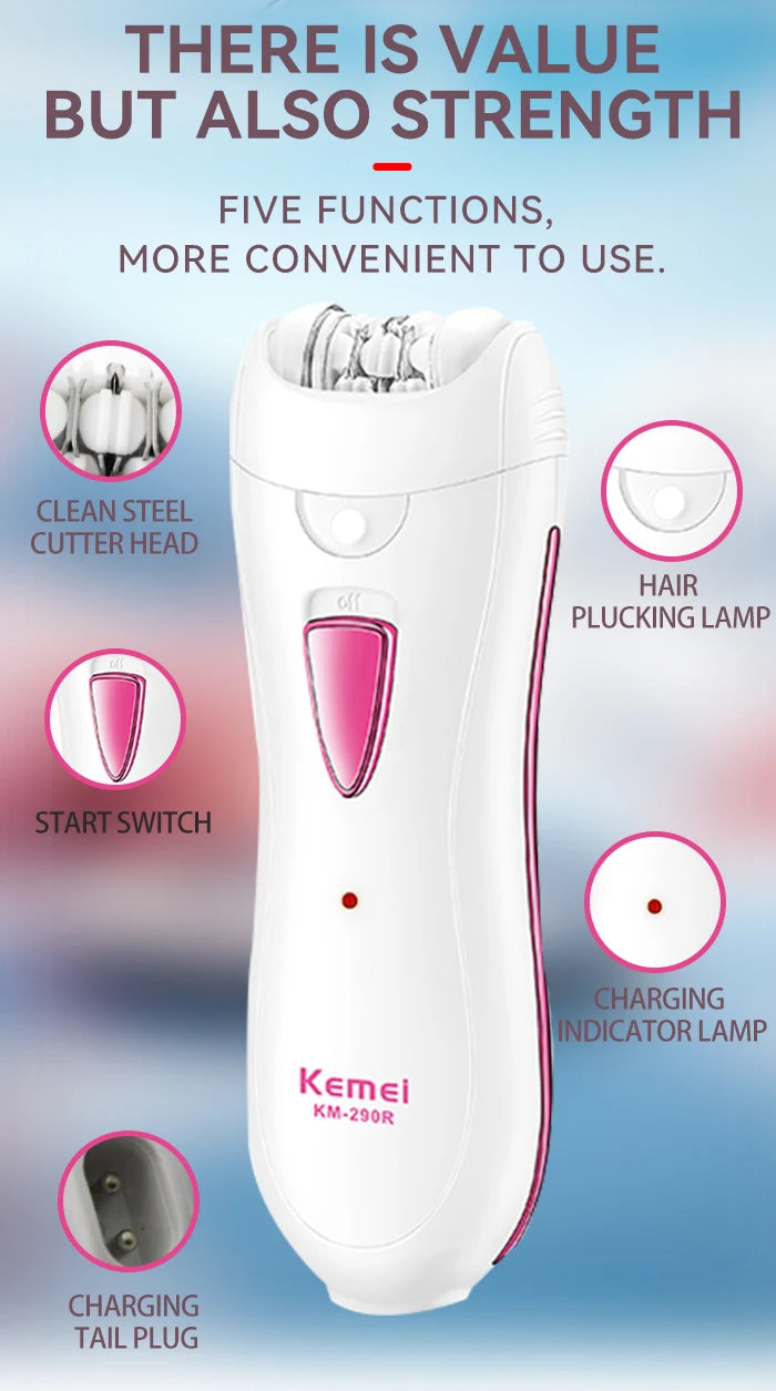 Kemei KM-290R Electric Epilator for Women Armpit Legs Bikini Sensitive Area Hair Remover Body Hair Trimmer Lady USB Rechargeable