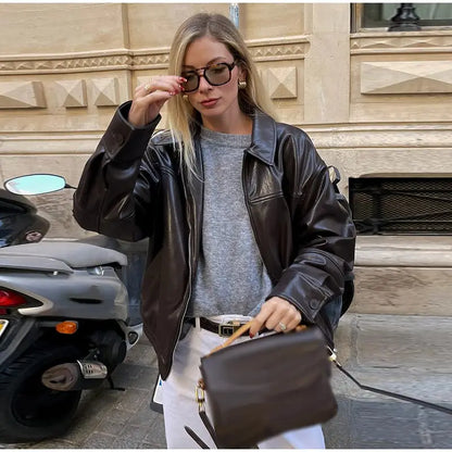 Street Women's Belt Leather Jackets Loose Lapel Zipper Long Sleeve Pockets Female Coats 2026 Autumn Lady Fashion Y2k Outwear