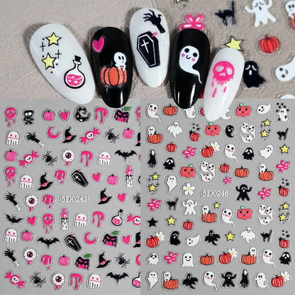 1sheet 5D Halloween Nail Stickers Pink/Green/Black Cartoon Pattern Nail Art Slider DIY For Sweet Cool Girl Cute Nail Decoration