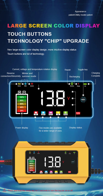 12V 6A Fully Automatic Car Battery Charger Smart Pulse Repair Color Screen for AGM GEL WET Lead Acid Charger LCD Display