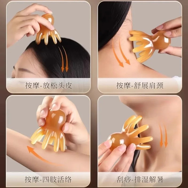 Resin Octopus Massage Comb Head Meridian Scraping Scalp Massage Brush Acupuncture SPA Gua Sha Massage Comb for Fatigue Relief