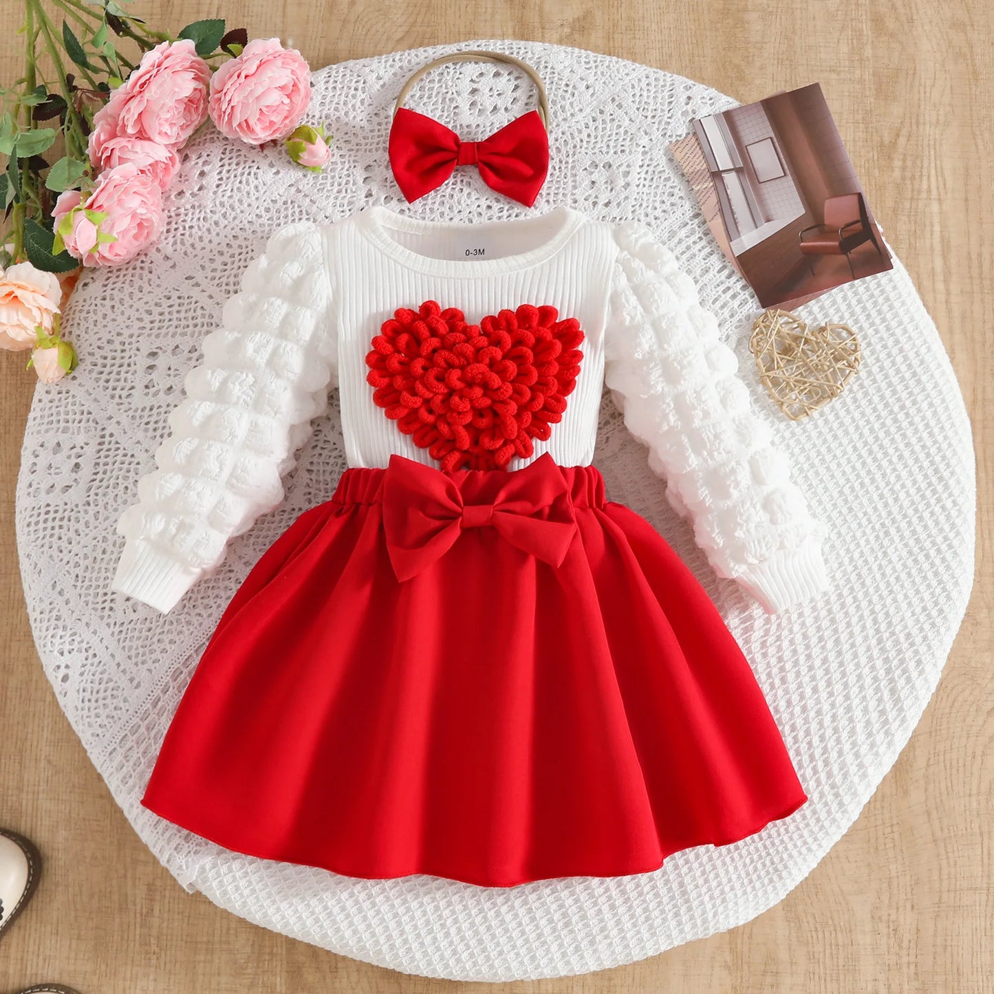 0-3Y Baby Girl Outfit Set 2pcs Puffy Sleeve Heart Shape Top and Corduroy Skirts Valentines Day Sweet Toddler Kids Clothes Girls