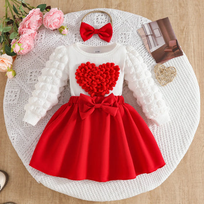 0-3Y Baby Girl Outfit Set 2pcs Puffy Sleeve Heart Shape Top and Corduroy Skirts Valentines Day Sweet Toddler Kids Clothes Girls