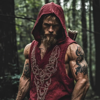 Ethnic Men's Summer Sleeveless linen Casual Pullover Hoodie Top 2025 Vintage Print V-neck Trendy Perspective Hoodie Sweatshirt
