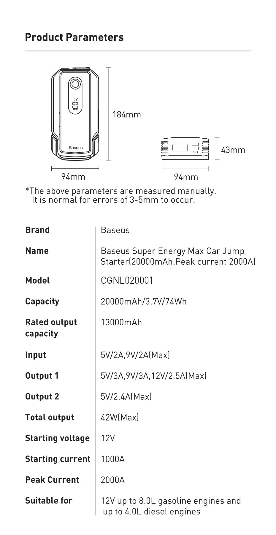Baseus 2000A Car Jump Starter 20000mAh Power Bank Car Booster for Auto Battery Charger Petrol Diesel 12v Car Starter Device