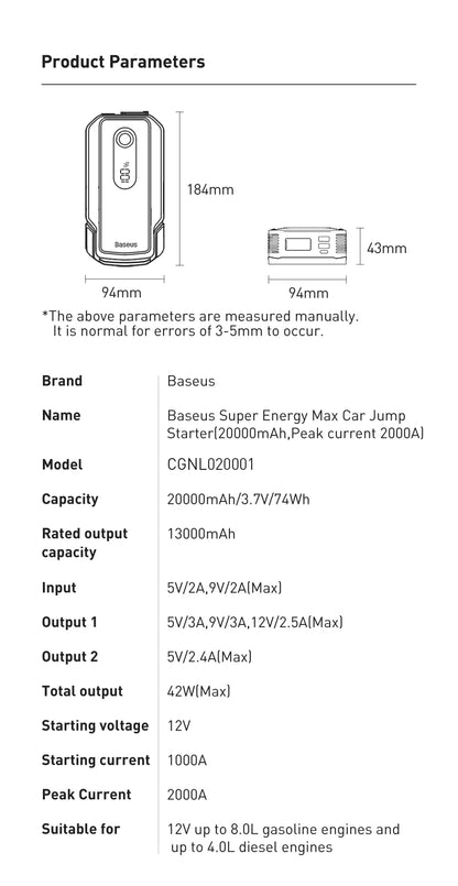 Baseus 2000A Car Jump Starter 20000mAh Power Bank Car Booster for Auto Battery Charger Petrol Diesel 12v Car Starter Device
