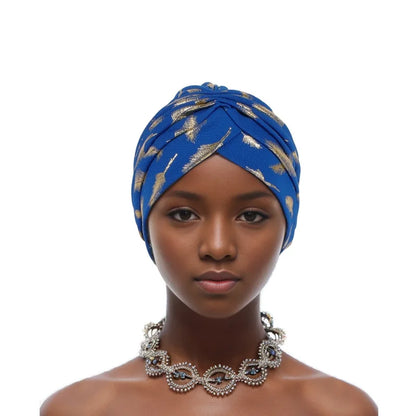 Feather Gold Stamping Fabric Turban Cap for Women African Wrap Head Bonnet Muslim Under Scarf Hat Turbante Mujer
