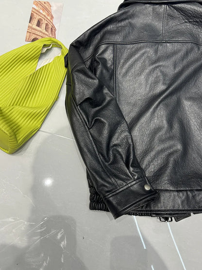 New Outerwear Leather Jacket Women American Retro Top Sheepskin Bubble Leather Double Lapel Loose Profile Coffee Locomotive Coat