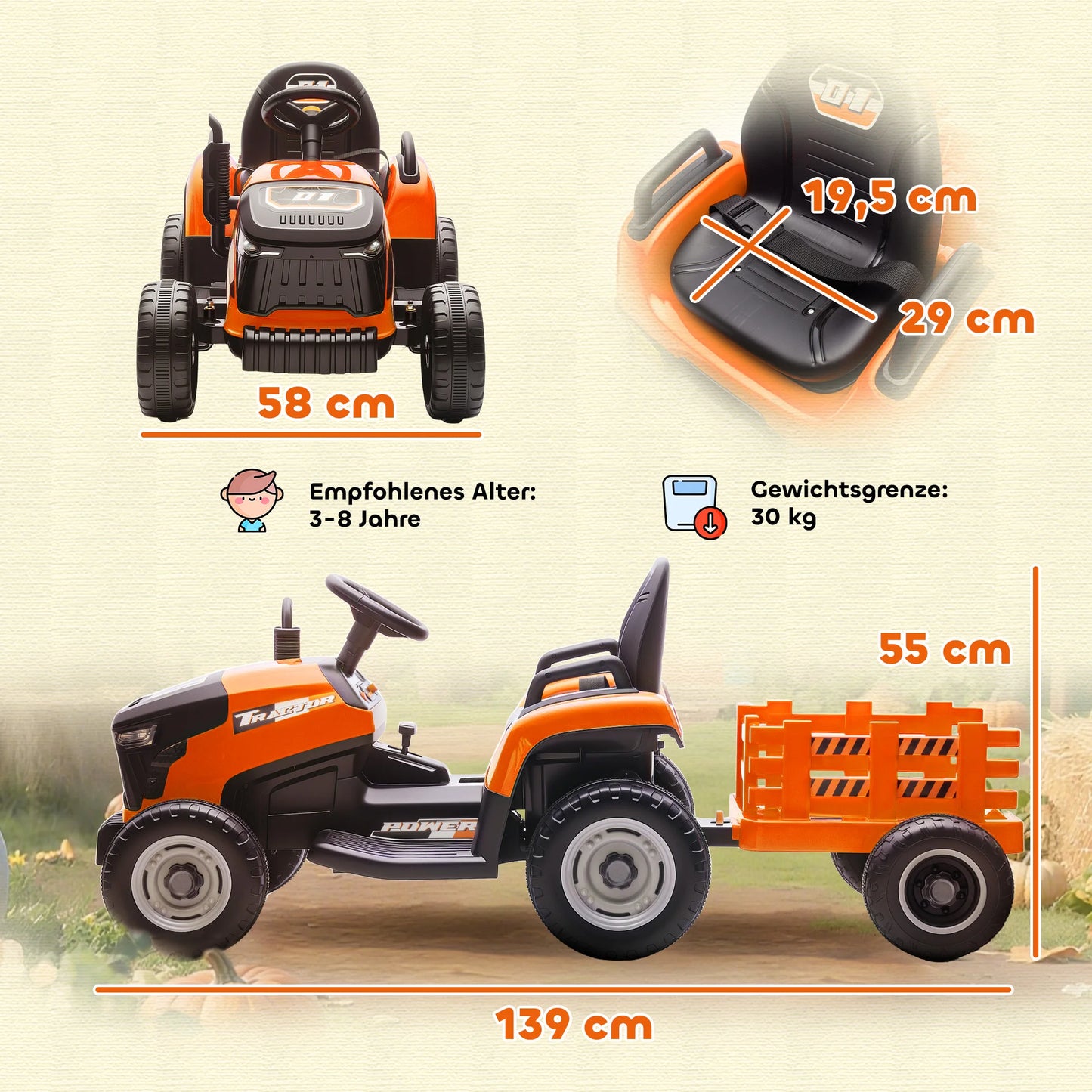 Electric tractor for children, ride-on tractor with remote control, soft start, for children aged 3 to 8, Orange