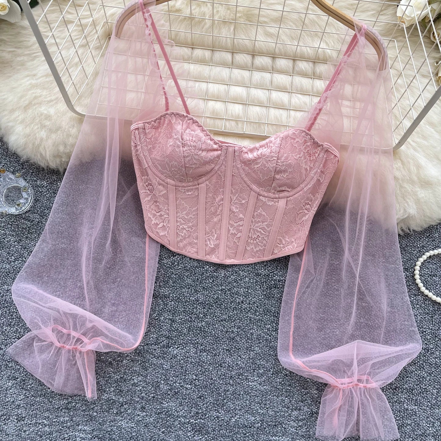 Women Chic Lace Mesh Sheer  Long Sleeve Backless Crop Top Solid Slim Sexy Korean Fashion Summer Women Shirt Square Collar