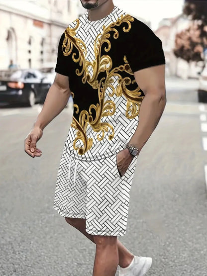 Denim Graphic T-shirt And Shorts 2-piece Set 2025 Plus Size Men's Clothing Casual Loose Drawstring Waist Shorts Short Sleeve Top
