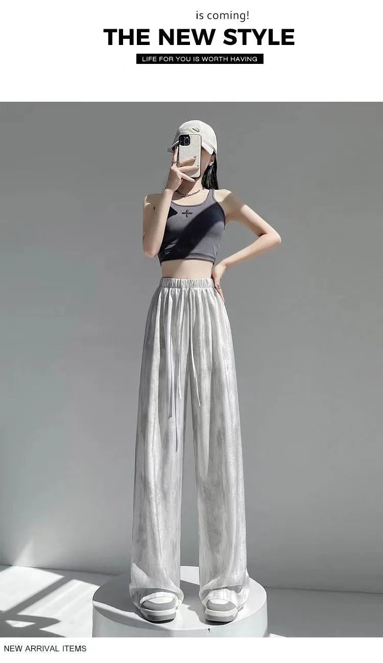 Summer Loose Straight Casual Draped Ice Silk Tie-Dye Wide-Leg Pants Grils Mosquito-proof Casual Trousers Women's Wide-leg Pants
