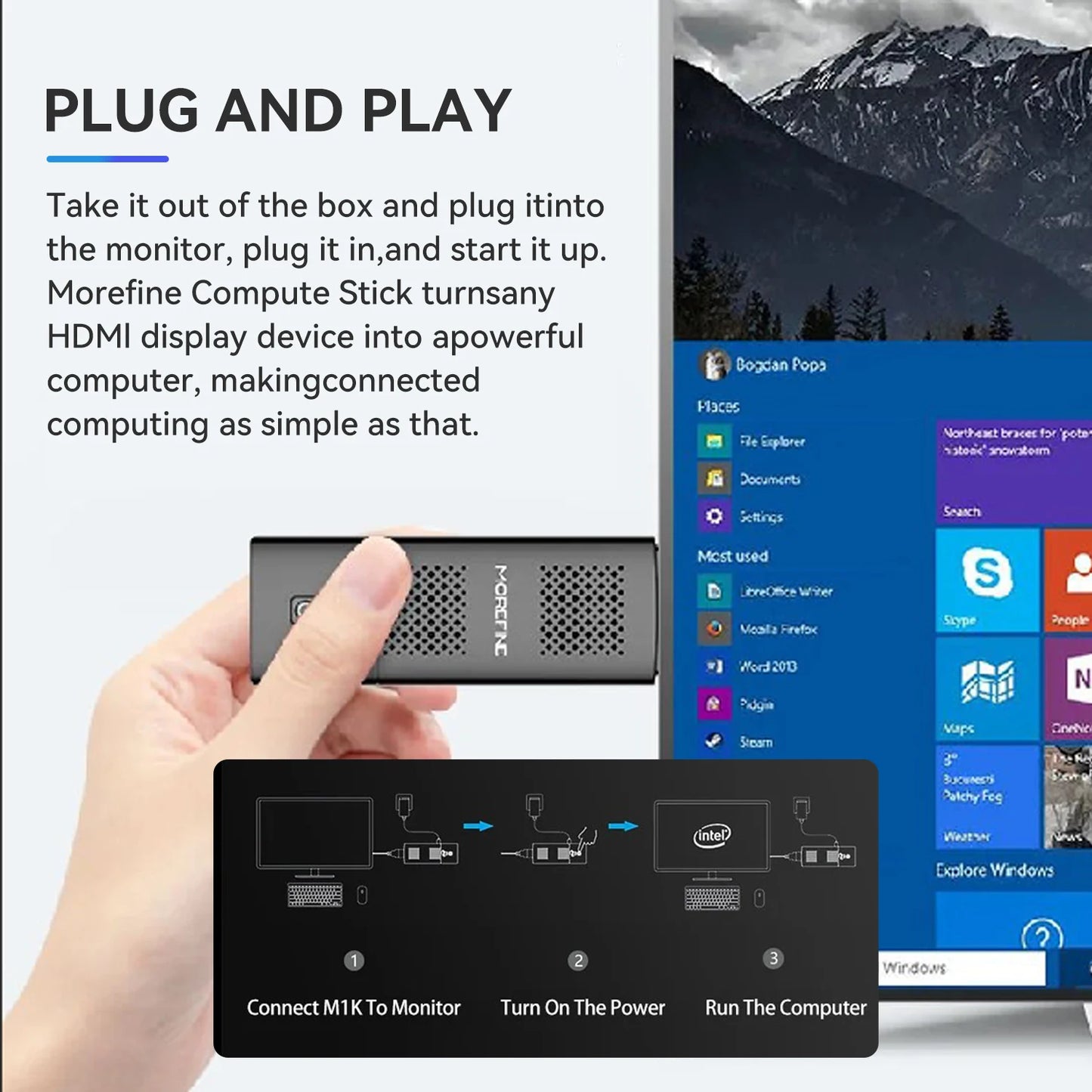 MOREFINE M1K Intel N5000 Pocket PC Win 11 LPDDR4 8GB 128GB/256GB SSD WIFI5 BT4.2 Intel UHD Graphics 4K HD Display Mini PC Stick