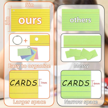 500 Pcs Color Index Cards 3x5-inch Ring Flash Cards Double-Sided Ruled Note Cards Grid-Ruled Study Cards Heavy-Duty Note Cards