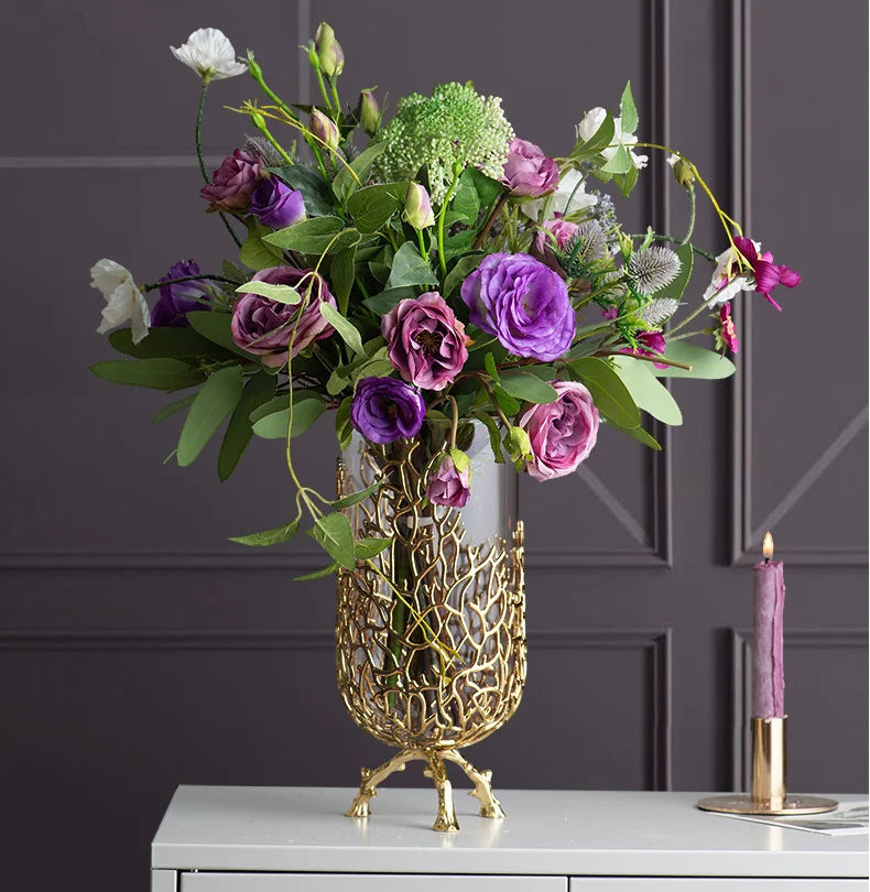 Gold Hollow Coral Vase Transparent Glass Vase Ornament Metal Rack Living Room Hydroponic Flower Arrangement Home Decoration