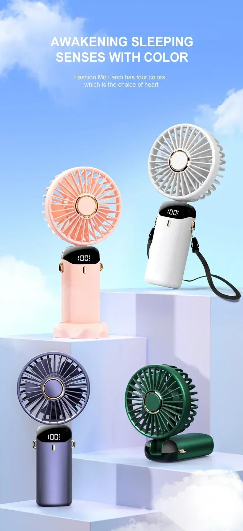 Mini Portable Handheld Fan Foldable Neck Hanging Fans 5 Speed USB Rechargeable Fan with Phone Stand and Display Screen 1800mAh