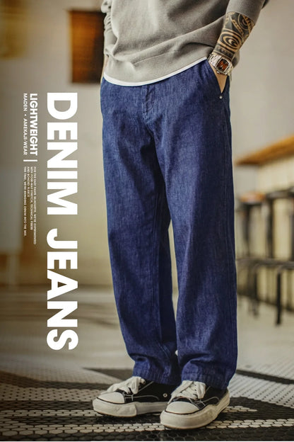 Maden Men's Vintage Denim Jeans Washed Blue Lightweight Baggy Straight Wide Leg Zipper Casual Spring Summer Pants
