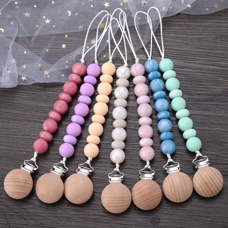 BPA-Free Silicone Pacifier Clips Chain with Beads Dummy Clip Holder Soother Teething Toy Chew Gift for Babies