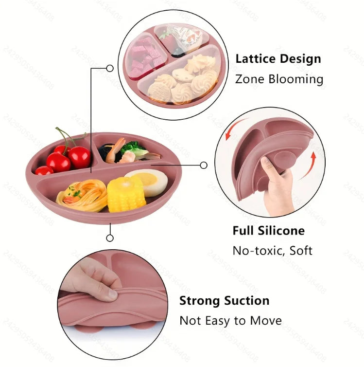 Suction Plates For Babies, Silicone With Lid Divided Design Dinner Plate