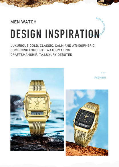 New Fashion Casual Watch Men Digital Dual Time Week Gold Sport 3bar Waterproof Quartz Wristwatches Clock relogio masculino L1030