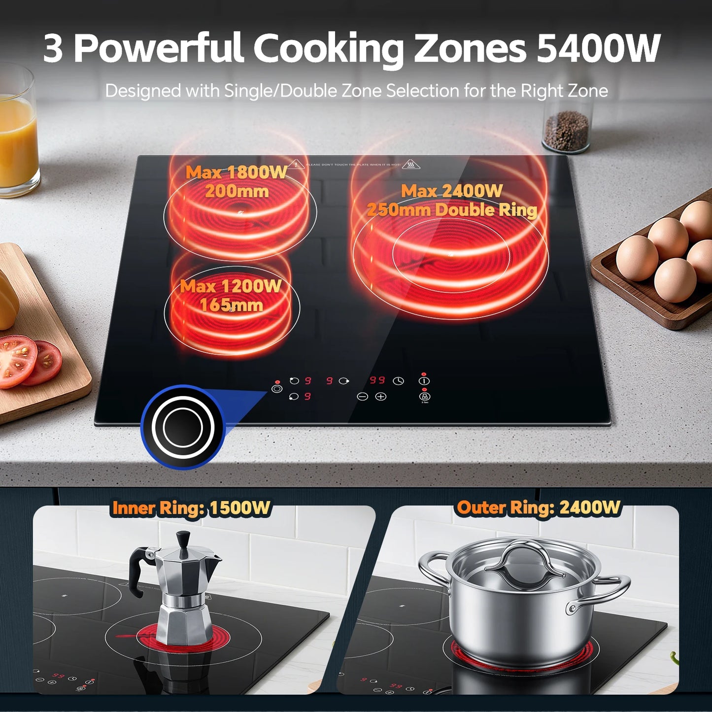 2-Zone Ceramic Hob, 3000W with Child Lock, 9 Heat Levels, 1-99min Timer, Black (CE Certified)